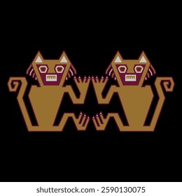 Symmetrical ethnic design with two stylized cats. Native American animal motif from ancient Peru. Nazca culture. On black background.
