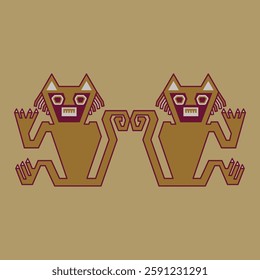 Symmetrical ethnic design with two stylized cats. Native American animal motif from ancient Peru. Nazca culture.