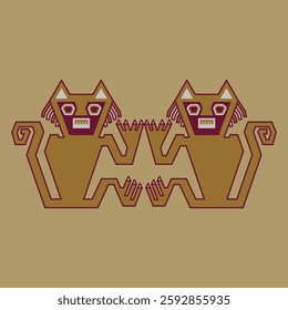 Symmetrical ethnic design with two stylized cats. Native American animal motif from ancient Peru. Nazca culture.