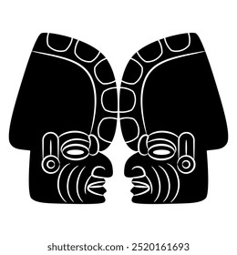 Diseño étnico simétrico con dos cabezas humanas totonacas. Arte nativo americano. Diseño indio mexicano precolombino. Retrato de un hombre de perfil. Silueta en blanco y negro.