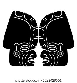Symmetrical ethnic design with two Totonac human heads. Native American art. Pre Columbian Mexican Indian design. Portrait of a man in profile. Black and white silhouette.