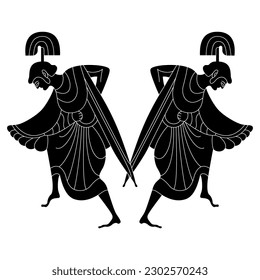 Symmetrical ethnic design with two warrior women. Ancient Greek goddess Athena or Minerva. Vase painting style. Black and white silhouette.