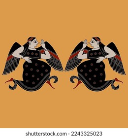 Symmetrical ethnic design with two winged ancient Greek goddesses. On yellow background.