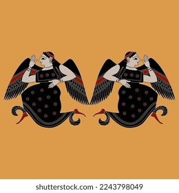 Symmetrical ethnic design with two winged ancient Greek goddesses. On orange background.