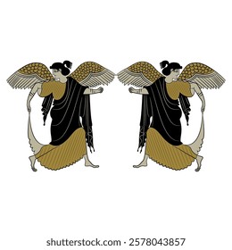 Symmetrical ethnic design with two winged Ancient Greek goddesses. Vase painting style. 