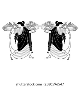 Symmetrical ethnic design with two winged Ancient Greek goddesses. Vase painting style. Black and white silhouette.