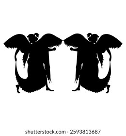 Symmetrical ethnic design with two winged Ancient Greek goddesses. Vase painting style. Black silhouette on white background.