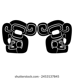 Symmetrical ethnic frame with Mesoamerican motifs. Two heads of Mayan warriors wearing elaborate helmets. Indigenous Native American design. Black and white silhouette.