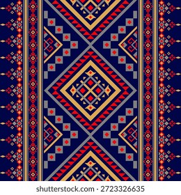 Padrão geométrico étnico simétrico com formas de diamante e cores vermelho, azul e amarelo, adequado para design têxtil, de fundo ou decorativo.
