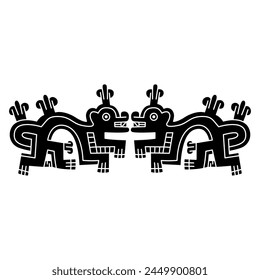 Symmetrical ethnic indigenous design or border with two fantastic animals. Native American art of ancient Peru. Wari Andean culture. Black and white silhouette.