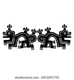 Symmetrical ethnic indigenous design or border with two fantastic animals. Native American art of ancient Peru. Wari Andean culture. Black and white silhouette.