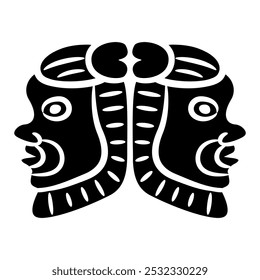 Symmetrical ethnic Janiform design with two heads of ancient Egyptian god Bes. Black and white silhouette.