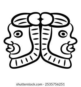 Symmetrical ethnic Janiform design with two heads of ancient Egyptian god Bes. Black and white linear silhouette