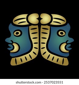 Symmetrical ethnic Janiform design with two heads of ancient Egyptian god Bes. Gold and blue art on black background.