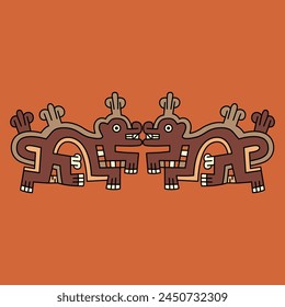 Symmetrical ethnic ornament or border with two fantastic animals. Native American art of ancient Peru. Wari Andean culture. Ethnic indigenous design.