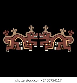 Symmetrical ethnic ornament or border with two fantastic animals. Native American art of ancient Peru. Wari Andean culture. Ethnic indigenous design.