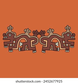 Symmetrical ethnic ornament or border with two fantastic animals. Native American art of ancient Peru. Wari Andean culture. Ethnic indigenous design.