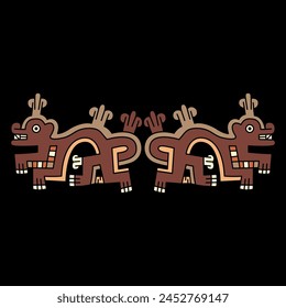 Symmetrical ethnic ornament or border with two fantastic animals. Native American art of ancient Peru. Wari Andean culture. Ethnic indigenous design.