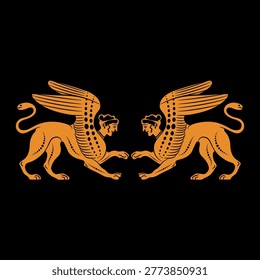 Symmetrical ethnic ornament or frame with two antique female Sphinxes. Ancient Greek mythology. Fantastic winged lions with women's heads. Vase painting style. Orange silhouette on black background.