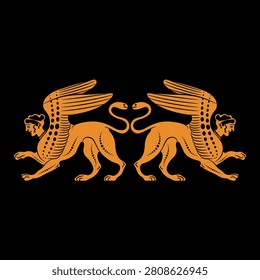 Symmetrical ethnic ornament or frame with two antique female Sphinxes. Ancient Greek mythology. Fantastic winged lions with women's heads. Vase painting style. Orange silhouette on black background.
