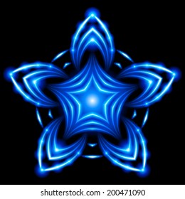 Symmetrical five-pointed snowflake is shining on the black color.
