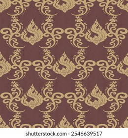 A symmetrical, flame-like pattern that swirls into an intricate design. This pattern has an interesting reddish-brown color with gold motifs. It is often used as wallpaper, fabric, and decoration.