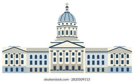 Symmetrical flat illustration of a grand capitol building with a large dome and columns under a white background.