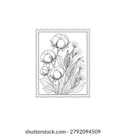 Symmetrical flat line art illustration of dry cotton bolls and milkweed seed pods inside a serrated stamp border