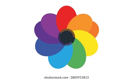 Symmetrical flat vector illustration of a flower shape featuring colorful overlapping petals in a rainbow spectrum arranged around a dark circular center on a white background.