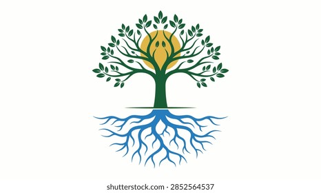 Symmetrical flat vector illustration of a tree whose roots below the horizon are drawn as branching blue rivers, with a golden sun behind the crown. A symbolic concept linking forests, water and ecosystems.