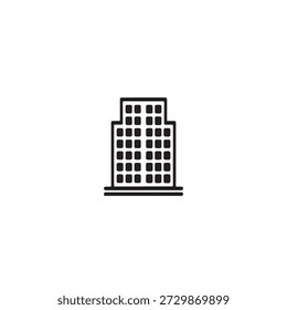  Ein symmetrisches, flaches Vektorsymbol eines abgestuften Bürogebäudes oder Wolkenkratzers. Diese Grafik verwendet einen minimalistischen Schwarz-Weiß-Stil mit einer Frontansicht, die ein strukturiertes Raster von Fenstern und ein abgestuftes architektonisches Design aufweist.