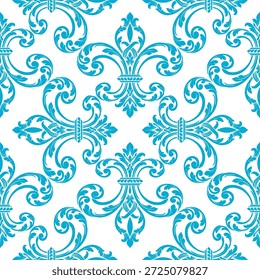 Patrón simétrico de damasco de flor de lis sin costuras con lirios turquesas equilibrados. Motivo barroco tradicional para decoración de interiores, tarjetas de felicitación y Elementos de marca históricos.
