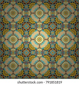 Symmetrical floral arrangement, bohemians style wall decor, print, fabric. Indian circles round mandala medallion in beige, blue and yellow colors. Vector oriental abstract seamless pattern.