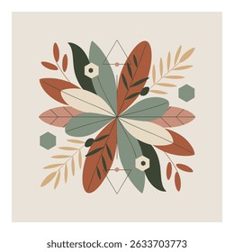 A symmetrical floral arrangement with leaves in muted earth tones, accented by geometric shapes like triangles and hexagons, all set against a soft beige background.