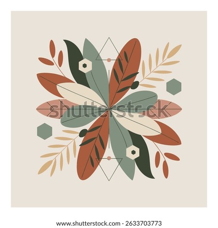A symmetrical floral arrangement with leaves in muted earth tones, accented by geometric shapes like triangles and hexagons, all set against a soft beige background.