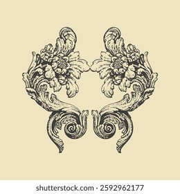 Symmetrical floral baroque ornament with intricate vintage scroll work, ideal for decorative patterns and artistic designs.