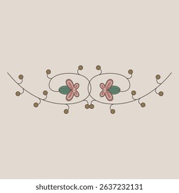 Symmetrical floral border. Cute medieval motif. Botanical ornament with blooming vines. Illuminated manuscript design.