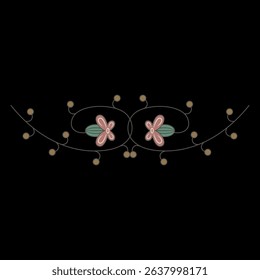 Symmetrical floral border. Cute medieval motif. Botanical ornament with blooming vines. Illuminated manuscript design. On black background.