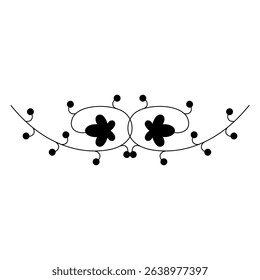 Symmetrical floral border. Cute medieval motif. Botanical ornament with blooming vines. Illuminated manuscript design. Black silhouette on white background.