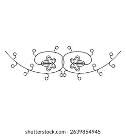 Symmetrical floral border. Cute medieval motif. Botanical ornament with blooming vines. Illuminated manuscript design. Black and white linear silhouette.