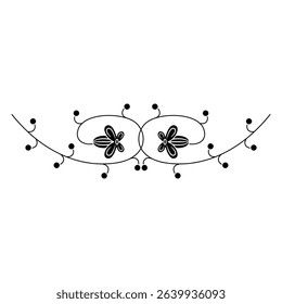 Symmetrical floral border. Cute medieval motif. Botanical ornament with blooming vines. Illuminated manuscript design. Black and white silhouette.