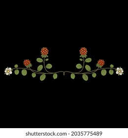 Symmetrical Floral Border With Two Strawberry Blanches. Illuminated Manuscript Botanical Motif. On Black Background.