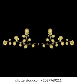 Symmetrical floral border with two strawberry blanches. Golden glossy silhouette on black background.