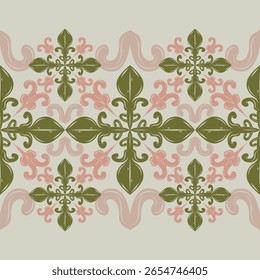 Composição floral simétrica em tons de rosa empoeirado e sábio, evocando azulejos europeus do século 19. Excelente para kits de papel de parede, repetições têxteis, maquetes de embalagem de marca, bordado artesanal, real