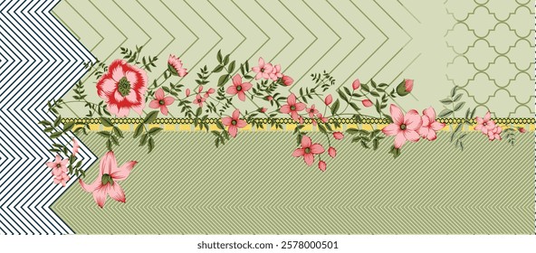 Symmetrical floral compositions framed by angular geometric accents for unique wallpapers, gift wraps, and textile Desin.