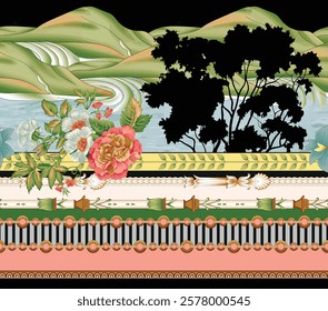 Symmetrical floral compositions framed by angular geometric accents for unique wallpapers, gift wraps, and textile Desin.