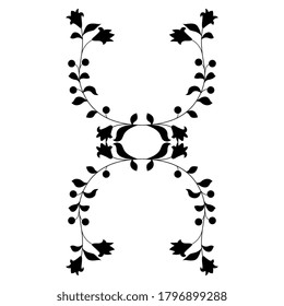 Symmetrical floral decor or frame. Four stylized branches of bluebell flower. Folk style. Black silhouette on white background.