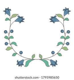 Decoración o marco floral simétrico. Dos ramas estilizadas de flor azul. Estilo popular. Motivo floral de flores silvestres.