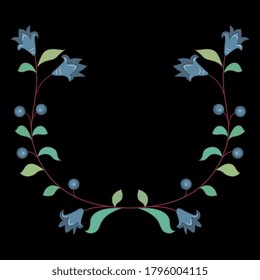 
Symmetrical floral decor or frame. Two stylized branches of bluebell flower. Folk style. Wildflower floral motif.