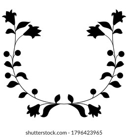 Symmetrical floral decor or frame. Two stylized branches of bluebell flower. Folk style. Black silhouette on white background.